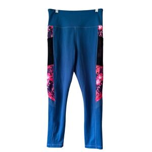 ZYIA Active Womens High Waisted Pocket Crop Leggings Size 6-8 Teal Floral Comfy